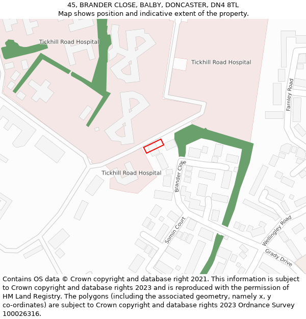 45, BRANDER CLOSE, BALBY, DONCASTER, DN4 8TL: Location map and indicative extent of plot