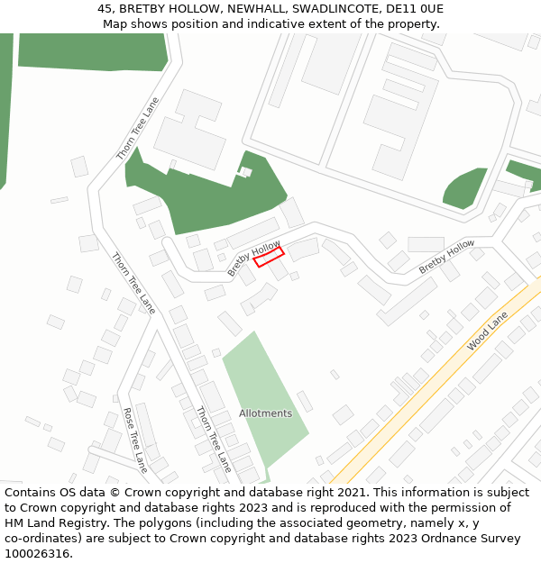 45, BRETBY HOLLOW, NEWHALL, SWADLINCOTE, DE11 0UE: Location map and indicative extent of plot