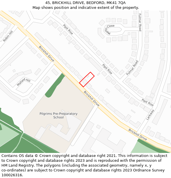 45, BRICKHILL DRIVE, BEDFORD, MK41 7QA: Location map and indicative extent of plot