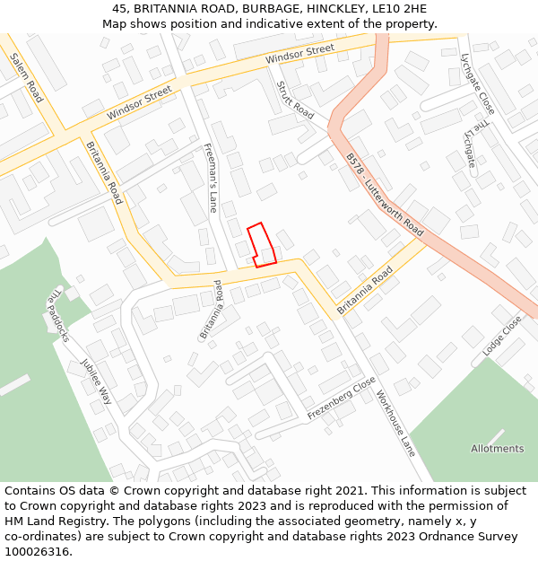 45, BRITANNIA ROAD, BURBAGE, HINCKLEY, LE10 2HE: Location map and indicative extent of plot