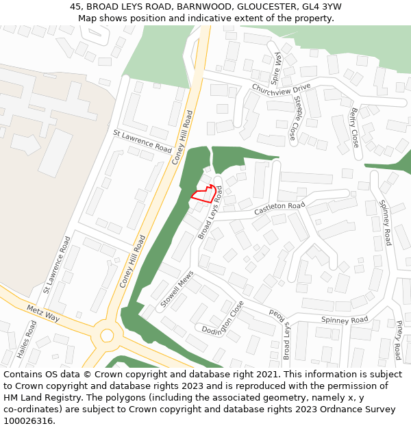 45, BROAD LEYS ROAD, BARNWOOD, GLOUCESTER, GL4 3YW: Location map and indicative extent of plot