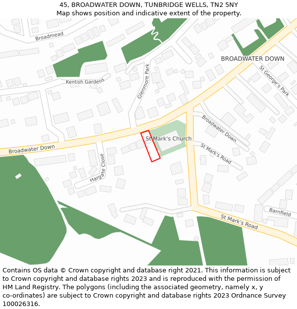 45, BROADWATER DOWN, TUNBRIDGE WELLS, TN2 5NY: Location map and indicative extent of plot