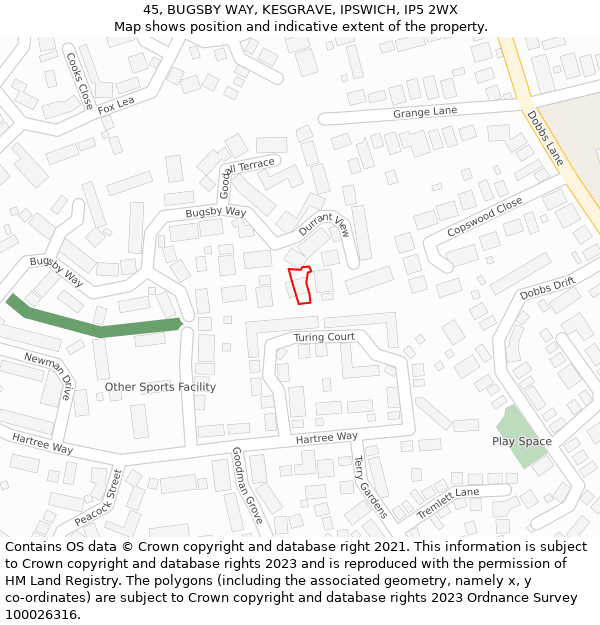 45, BUGSBY WAY, KESGRAVE, IPSWICH, IP5 2WX: Location map and indicative extent of plot