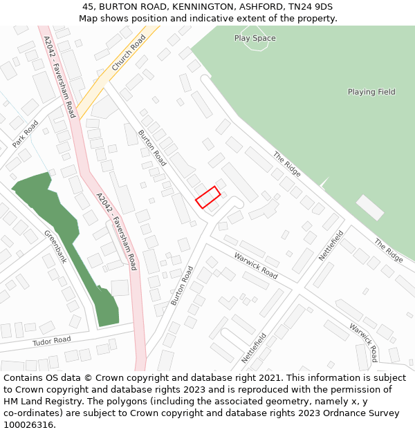 45, BURTON ROAD, KENNINGTON, ASHFORD, TN24 9DS: Location map and indicative extent of plot