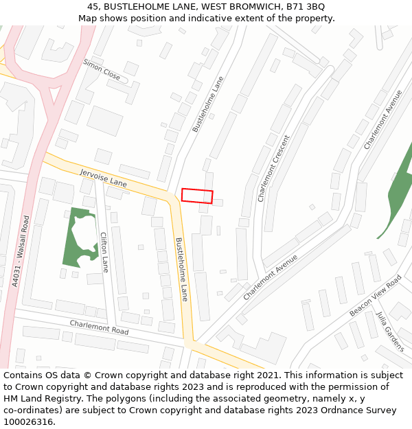 45, BUSTLEHOLME LANE, WEST BROMWICH, B71 3BQ: Location map and indicative extent of plot