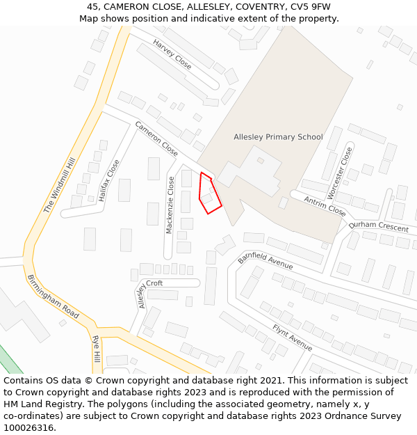 45, CAMERON CLOSE, ALLESLEY, COVENTRY, CV5 9FW: Location map and indicative extent of plot