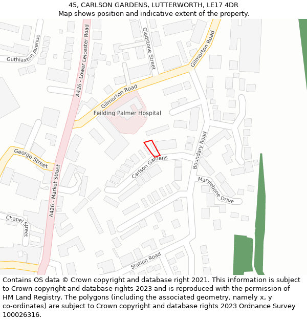 45, CARLSON GARDENS, LUTTERWORTH, LE17 4DR: Location map and indicative extent of plot