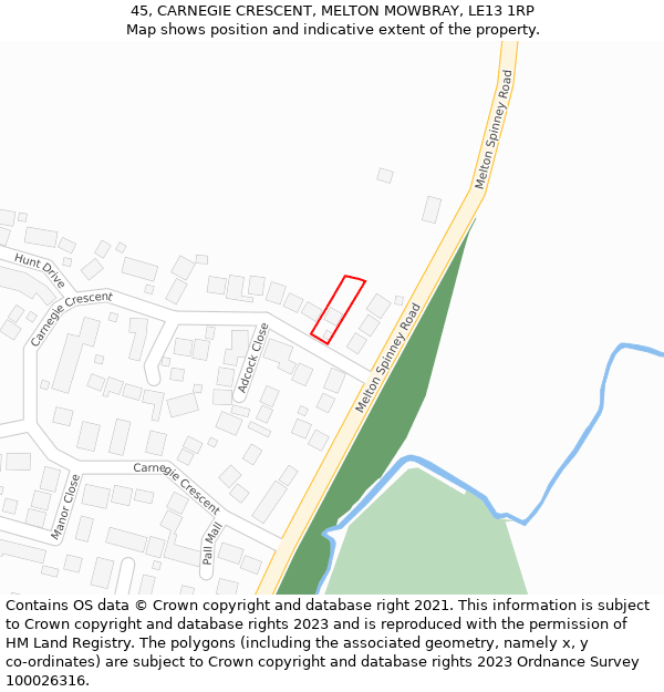 45, CARNEGIE CRESCENT, MELTON MOWBRAY, LE13 1RP: Location map and indicative extent of plot