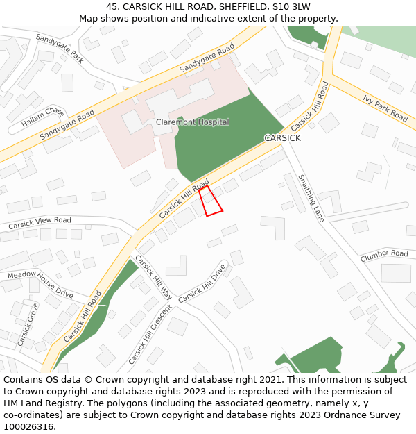 45, CARSICK HILL ROAD, SHEFFIELD, S10 3LW: Location map and indicative extent of plot