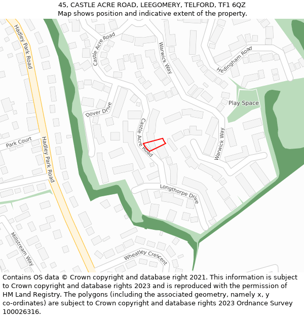 45, CASTLE ACRE ROAD, LEEGOMERY, TELFORD, TF1 6QZ: Location map and indicative extent of plot
