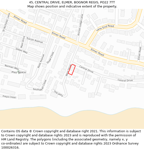 45, CENTRAL DRIVE, ELMER, BOGNOR REGIS, PO22 7TT: Location map and indicative extent of plot