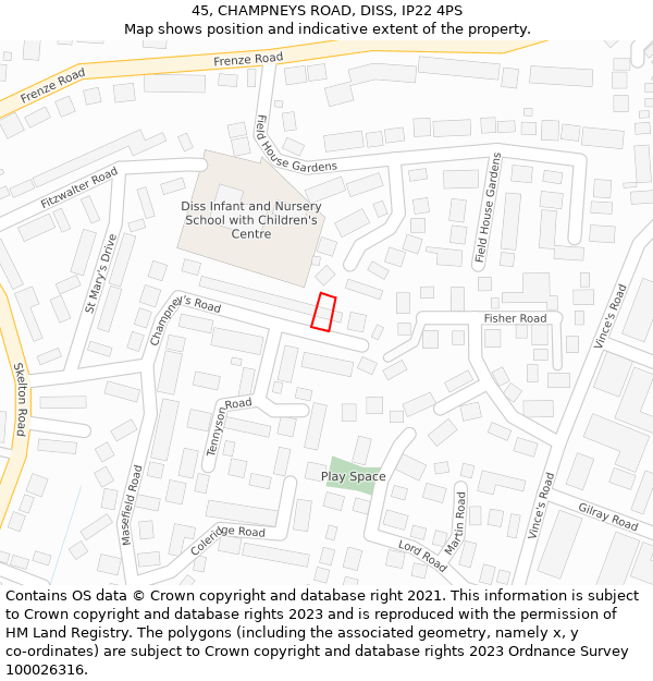 45, CHAMPNEYS ROAD, DISS, IP22 4PS: Location map and indicative extent of plot