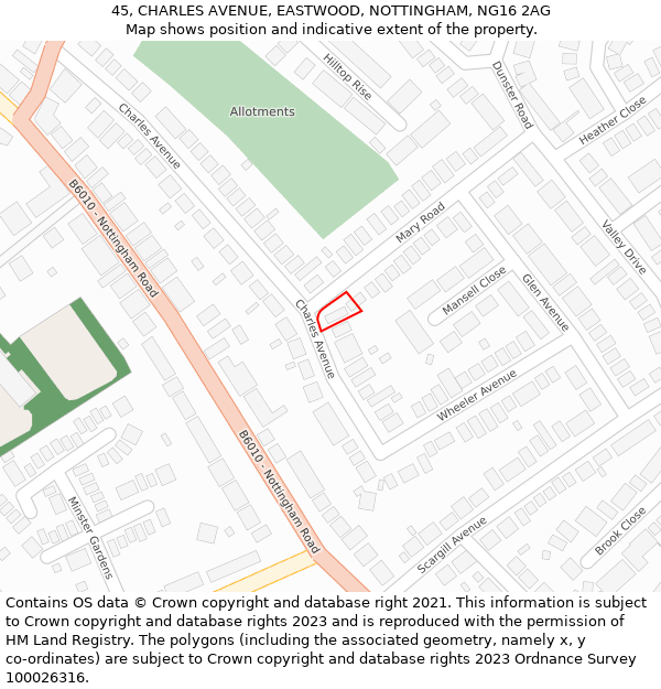 45, CHARLES AVENUE, EASTWOOD, NOTTINGHAM, NG16 2AG: Location map and indicative extent of plot