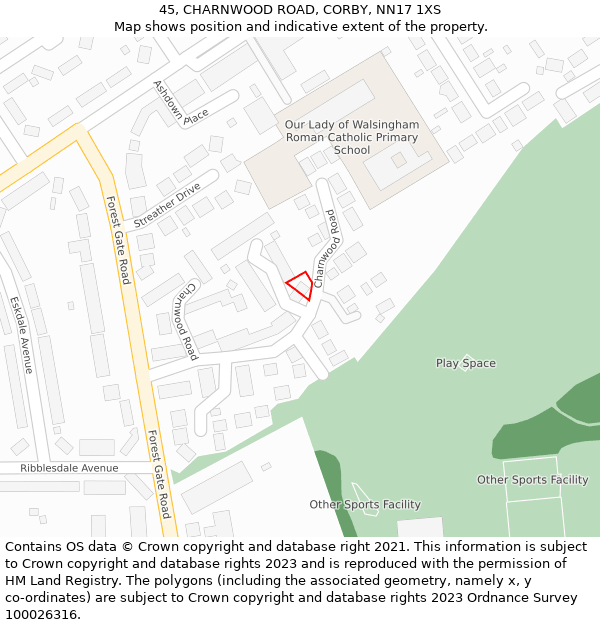45, CHARNWOOD ROAD, CORBY, NN17 1XS: Location map and indicative extent of plot