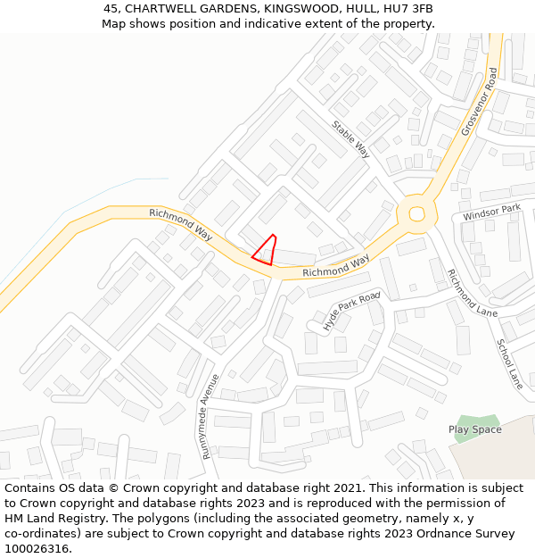 45, CHARTWELL GARDENS, KINGSWOOD, HULL, HU7 3FB: Location map and indicative extent of plot