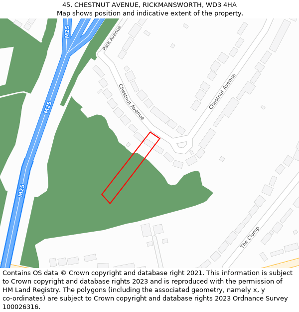 45, CHESTNUT AVENUE, RICKMANSWORTH, WD3 4HA: Location map and indicative extent of plot
