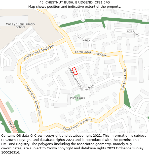 45, CHESTNUT BUSH, BRIDGEND, CF31 5FG: Location map and indicative extent of plot