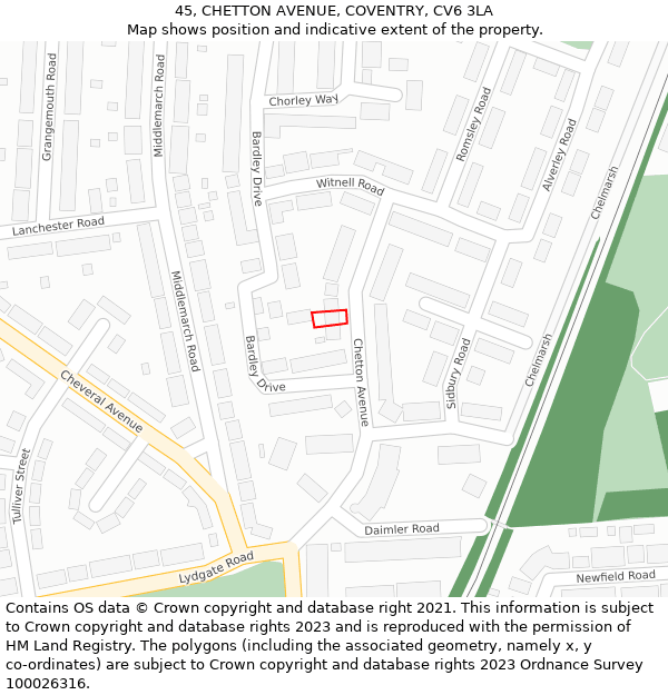 45, CHETTON AVENUE, COVENTRY, CV6 3LA: Location map and indicative extent of plot