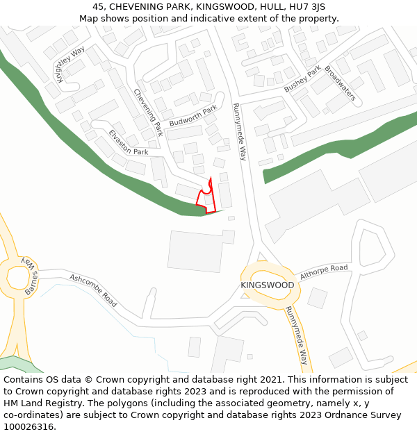 45, CHEVENING PARK, KINGSWOOD, HULL, HU7 3JS: Location map and indicative extent of plot