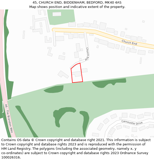 45, CHURCH END, BIDDENHAM, BEDFORD, MK40 4AS: Location map and indicative extent of plot