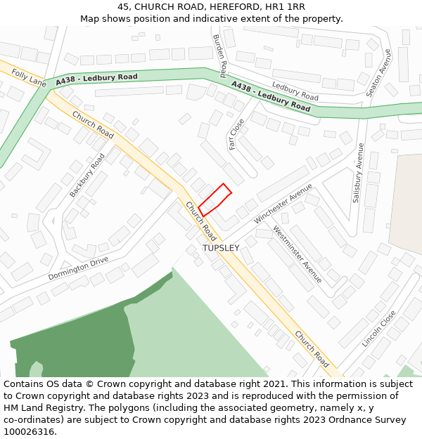 45, CHURCH ROAD, HEREFORD, HR1 1RR: Location map and indicative extent of plot