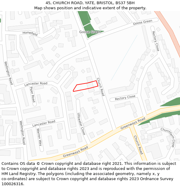 45, CHURCH ROAD, YATE, BRISTOL, BS37 5BH: Location map and indicative extent of plot