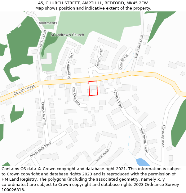 45, CHURCH STREET, AMPTHILL, BEDFORD, MK45 2EW: Location map and indicative extent of plot