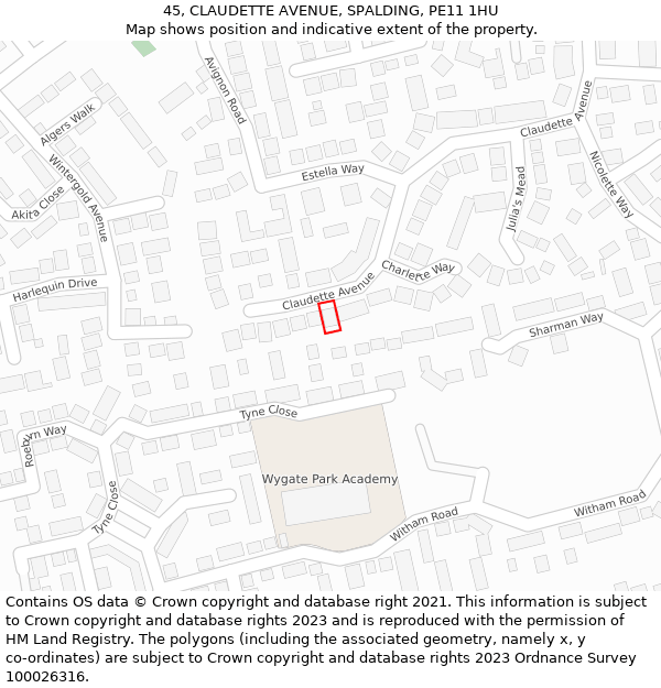 45, CLAUDETTE AVENUE, SPALDING, PE11 1HU: Location map and indicative extent of plot