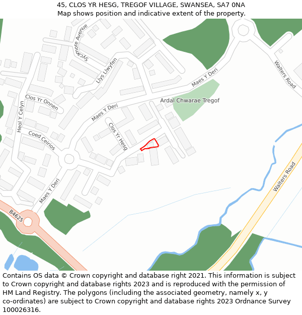 45, CLOS YR HESG, TREGOF VILLAGE, SWANSEA, SA7 0NA: Location map and indicative extent of plot