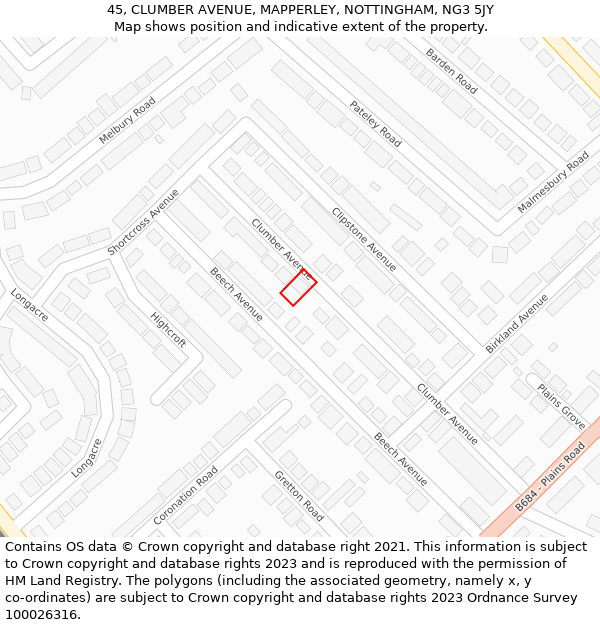 45, CLUMBER AVENUE, MAPPERLEY, NOTTINGHAM, NG3 5JY: Location map and indicative extent of plot