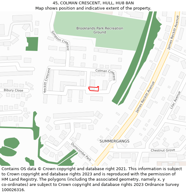 45, COLMAN CRESCENT, HULL, HU8 8AN: Location map and indicative extent of plot