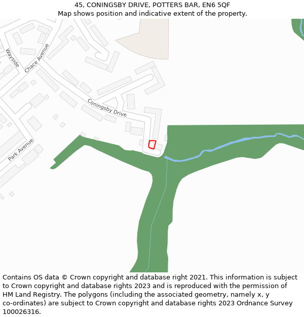 45, CONINGSBY DRIVE, POTTERS BAR, EN6 5QF: Location map and indicative extent of plot