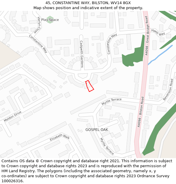 45, CONSTANTINE WAY, BILSTON, WV14 8GX: Location map and indicative extent of plot