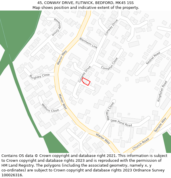 45, CONWAY DRIVE, FLITWICK, BEDFORD, MK45 1SS: Location map and indicative extent of plot