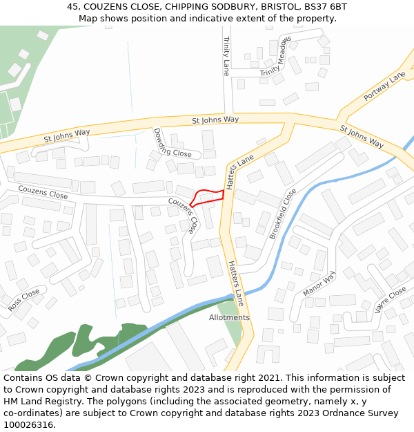 45, COUZENS CLOSE, CHIPPING SODBURY, BRISTOL, BS37 6BT: Location map and indicative extent of plot