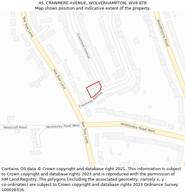 45, CRANMERE AVENUE, WOLVERHAMPTON, WV6 8TR: Location map and indicative extent of plot