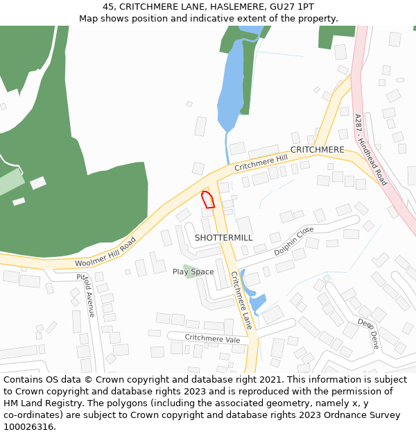 45, CRITCHMERE LANE, HASLEMERE, GU27 1PT: Location map and indicative extent of plot