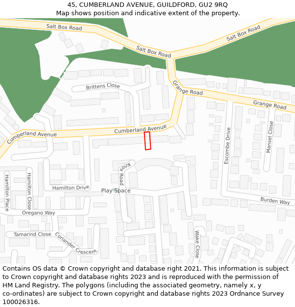 45, CUMBERLAND AVENUE, GUILDFORD, GU2 9RQ: Location map and indicative extent of plot