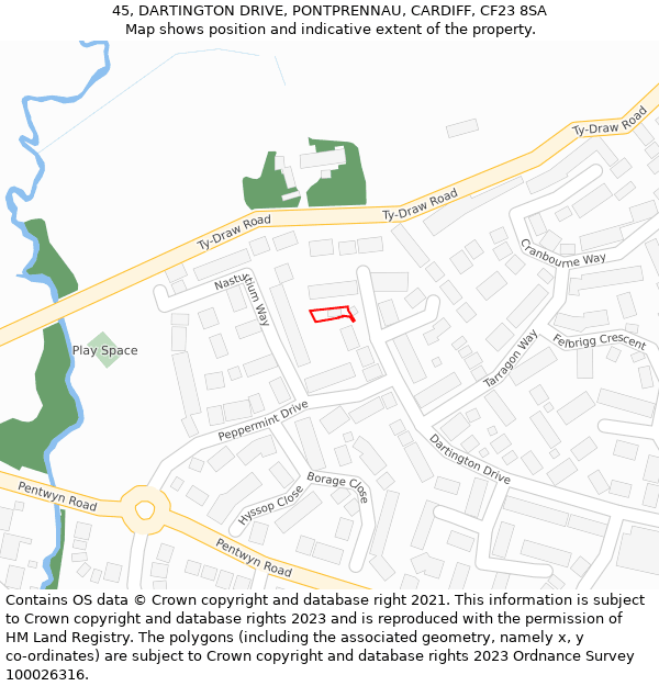 45, DARTINGTON DRIVE, PONTPRENNAU, CARDIFF, CF23 8SA: Location map and indicative extent of plot