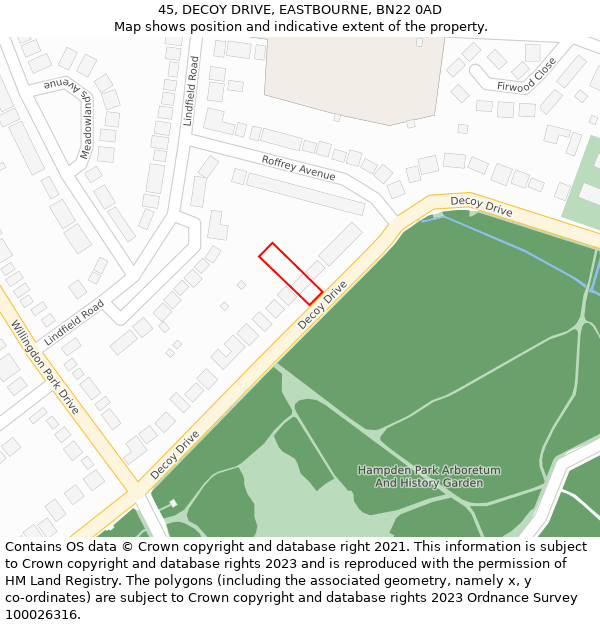 45, DECOY DRIVE, EASTBOURNE, BN22 0AD: Location map and indicative extent of plot