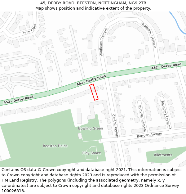 45, DERBY ROAD, BEESTON, NOTTINGHAM, NG9 2TB: Location map and indicative extent of plot