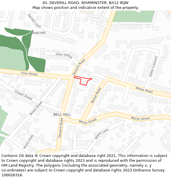 45, DEVERILL ROAD, WARMINSTER, BA12 9QW: Location map and indicative extent of plot