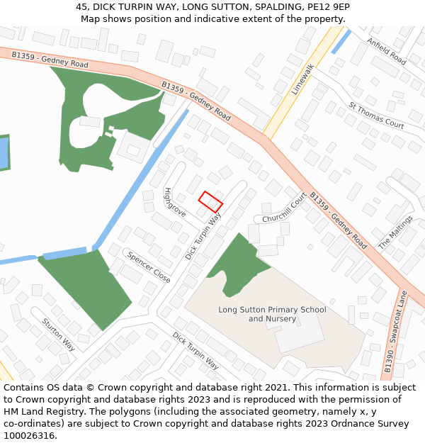 45, DICK TURPIN WAY, LONG SUTTON, SPALDING, PE12 9EP: Location map and indicative extent of plot