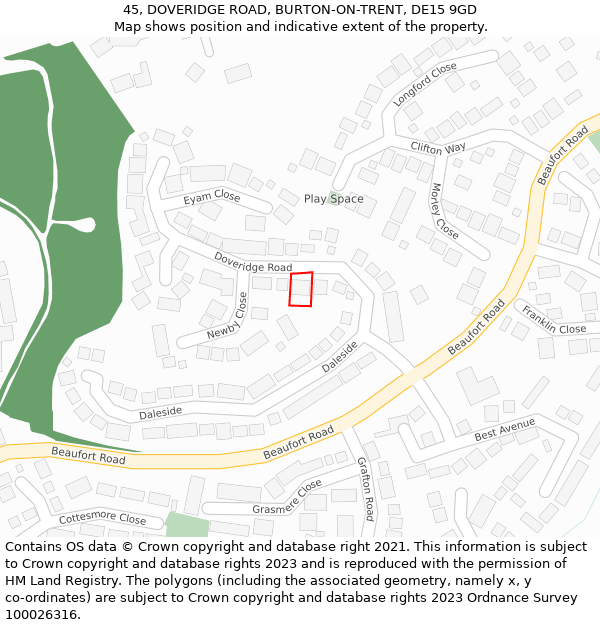 45, DOVERIDGE ROAD, BURTON-ON-TRENT, DE15 9GD: Location map and indicative extent of plot