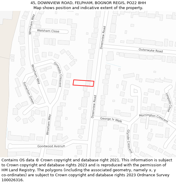 45, DOWNVIEW ROAD, FELPHAM, BOGNOR REGIS, PO22 8HH: Location map and indicative extent of plot