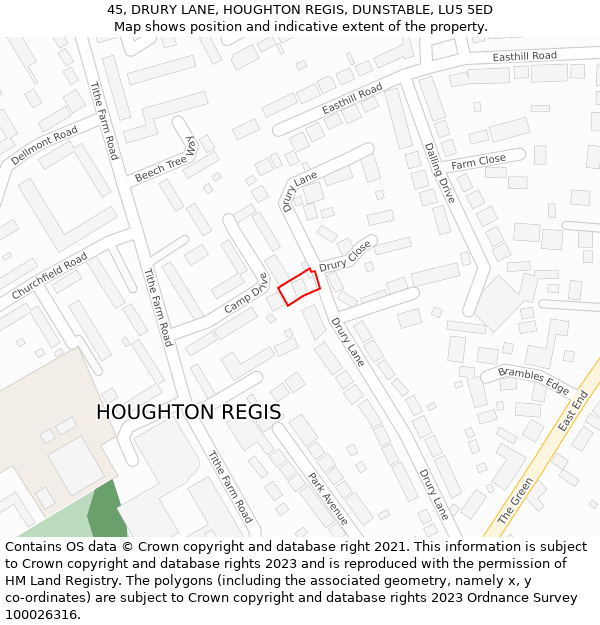 45, DRURY LANE, HOUGHTON REGIS, DUNSTABLE, LU5 5ED: Location map and indicative extent of plot