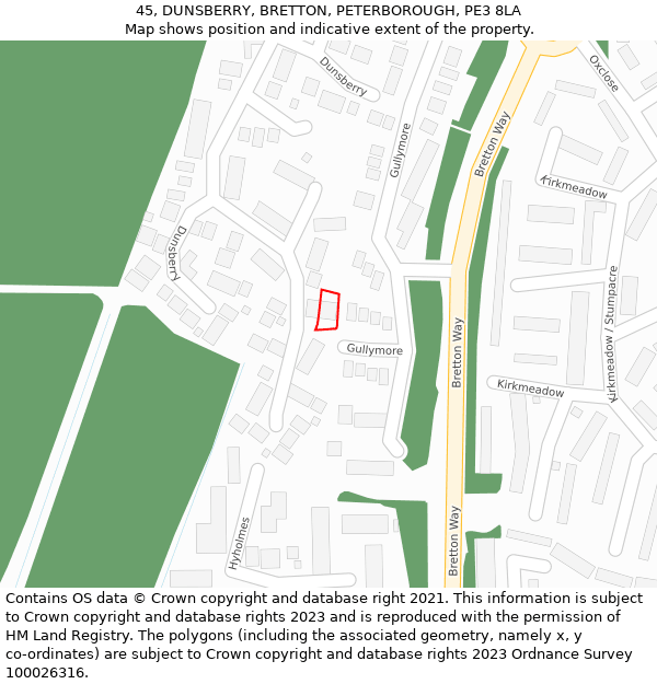 45, DUNSBERRY, BRETTON, PETERBOROUGH, PE3 8LA: Location map and indicative extent of plot