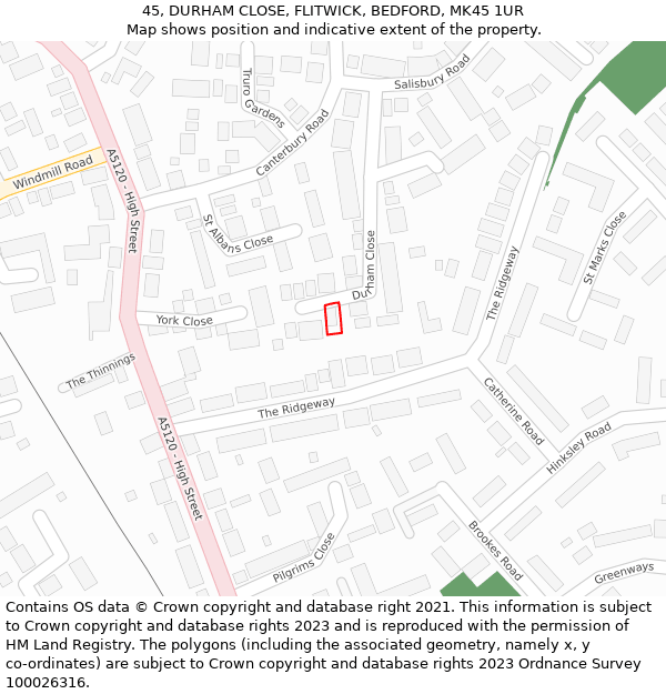 45, DURHAM CLOSE, FLITWICK, BEDFORD, MK45 1UR: Location map and indicative extent of plot