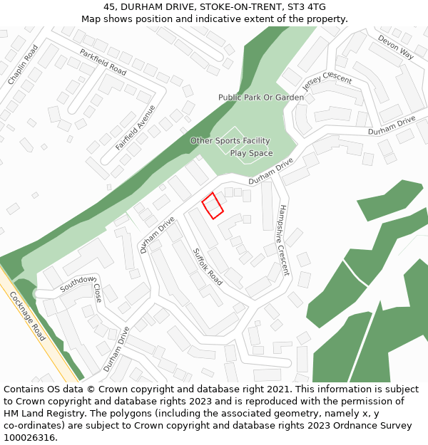 45, DURHAM DRIVE, STOKE-ON-TRENT, ST3 4TG: Location map and indicative extent of plot