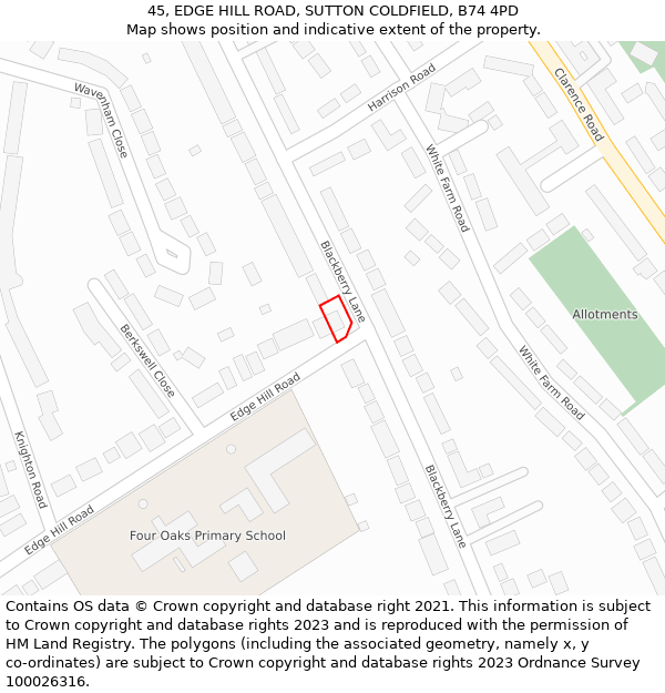 45, EDGE HILL ROAD, SUTTON COLDFIELD, B74 4PD: Location map and indicative extent of plot